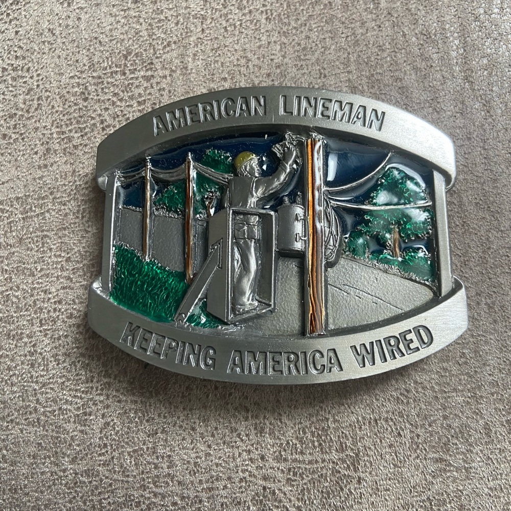 Vintage Silver and Green American Lineman Belt Buckle